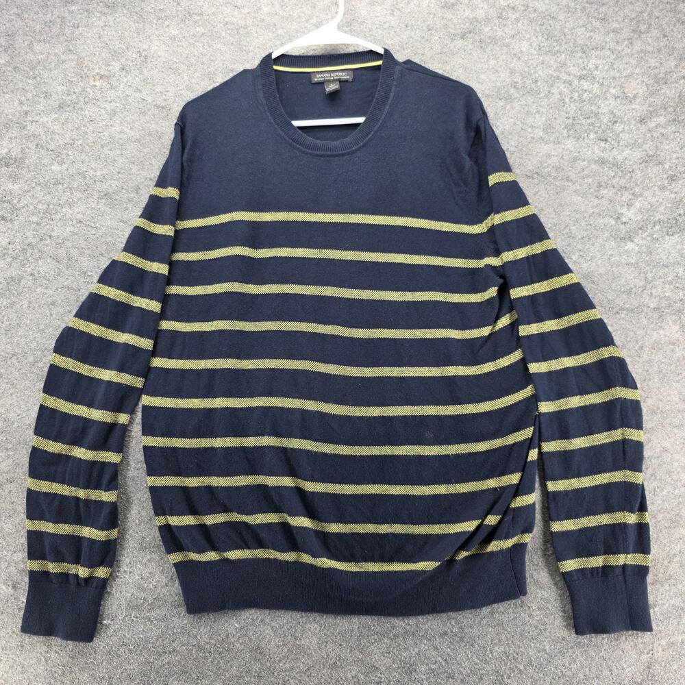 Banana Republic Sweater Mens L Blue Striped Crewneck Pullover Cotton Cashmere